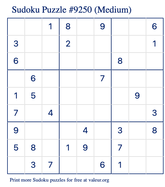 Free Printable Medium Sudoku Puzzle number 9250