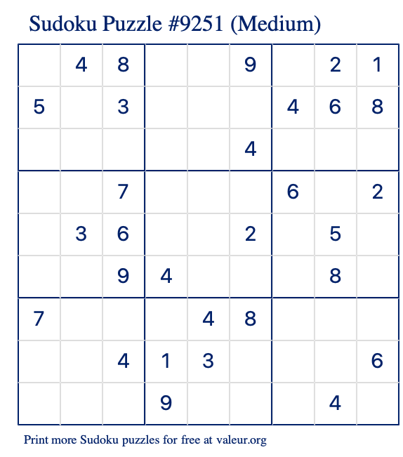 Free Printable Medium Sudoku Puzzle number 9251