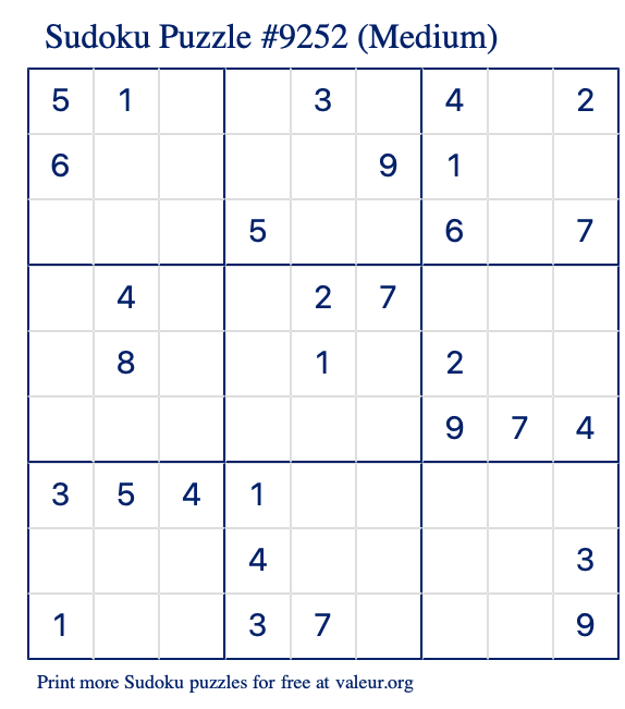 Free Printable Medium Sudoku Puzzle number 9252
