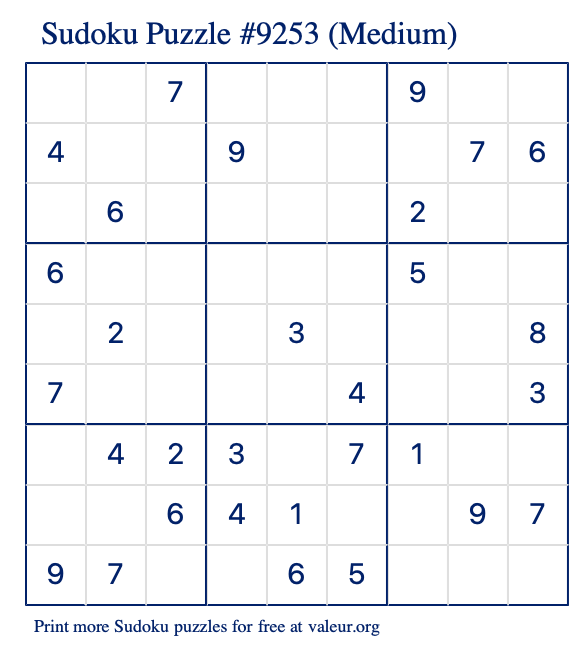Free Printable Medium Sudoku Puzzle number 9253