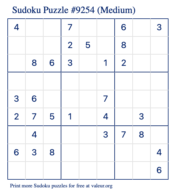 Free Printable Medium Sudoku Puzzle number 9254