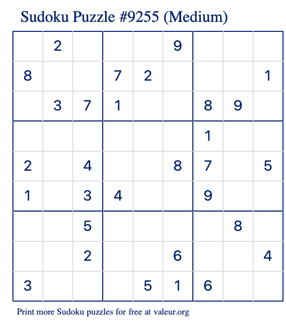 Free Printable Medium Sudoku Puzzle number 9255