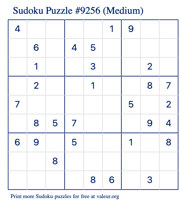 Free Printable Medium Sudoku Puzzle number 9256