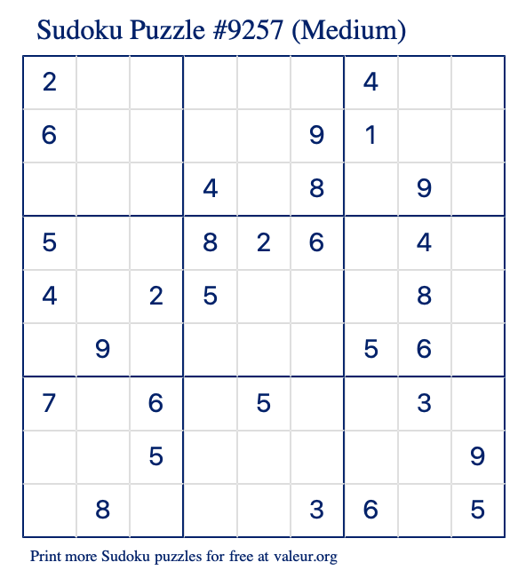 Free Printable Medium Sudoku Puzzle number 9257