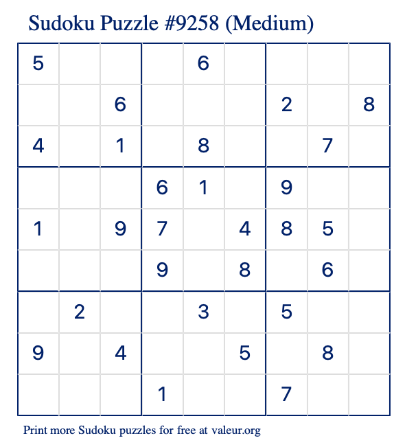Free Printable Medium Sudoku Puzzle number 9258