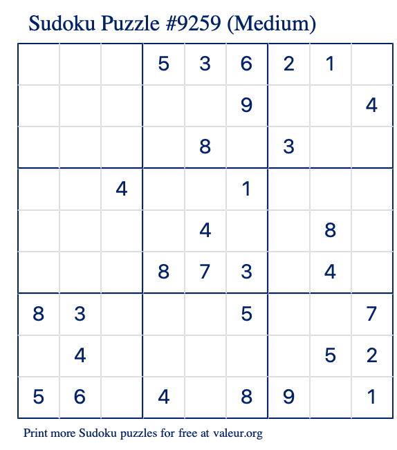 Free Printable Medium Sudoku Puzzle number 9259