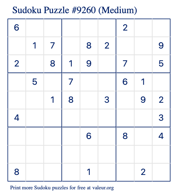 Free Printable Medium Sudoku Puzzle number 9260