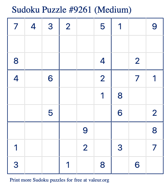 Free Printable Medium Sudoku Puzzle number 9261