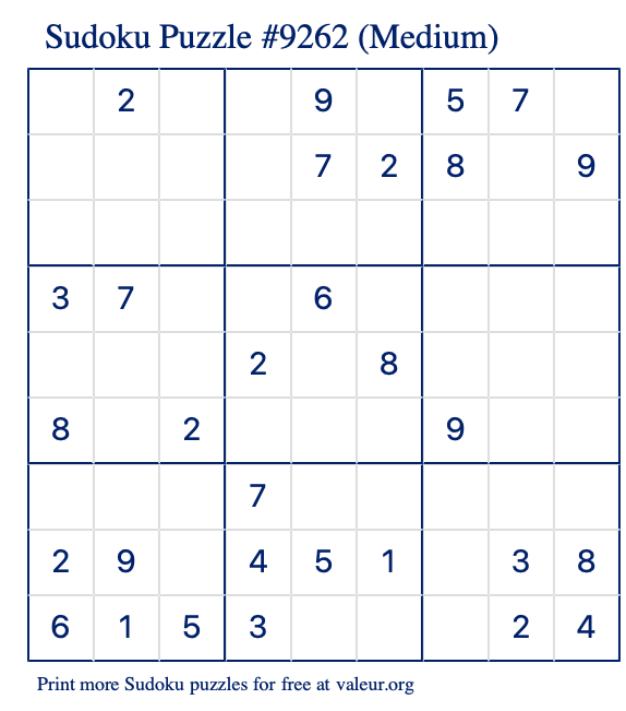 Free Printable Medium Sudoku Puzzle number 9262