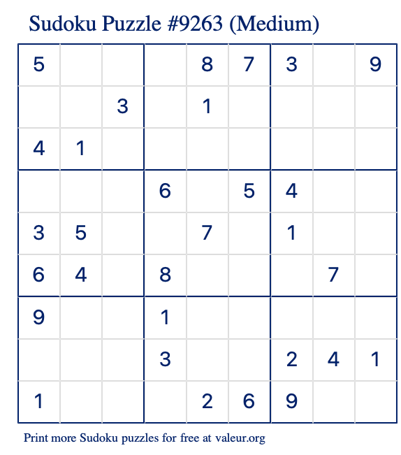 Free Printable Medium Sudoku Puzzle number 9263