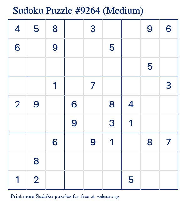 Free Printable Medium Sudoku Puzzle number 9264