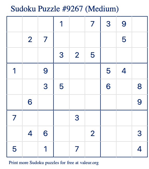 Free Printable Medium Sudoku Puzzle number 9267