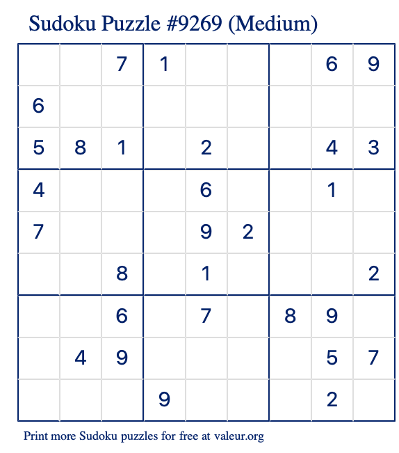 Free Printable Medium Sudoku Puzzle number 9269