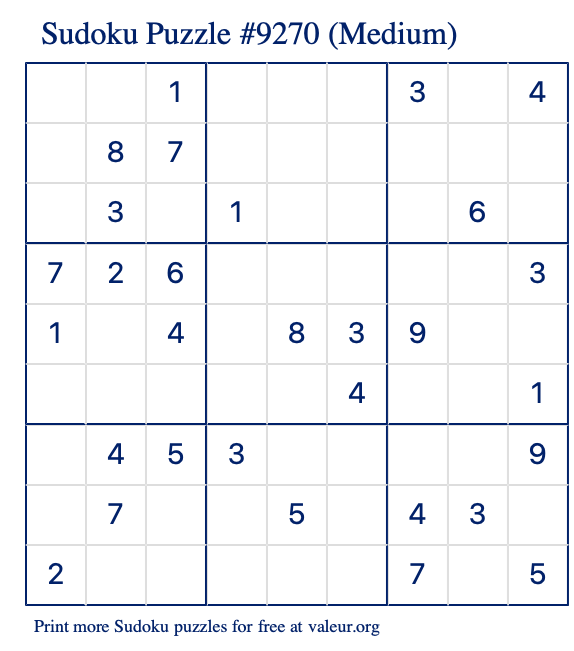 Free Printable Medium Sudoku Puzzle number 9270