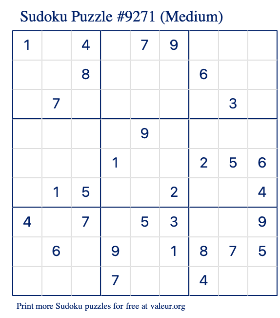 Free Printable Medium Sudoku Puzzle number 9271