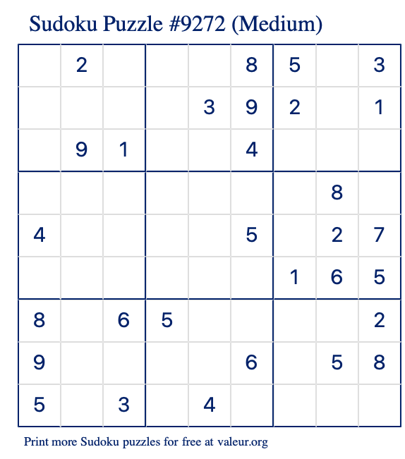 Free Printable Medium Sudoku Puzzle number 9272