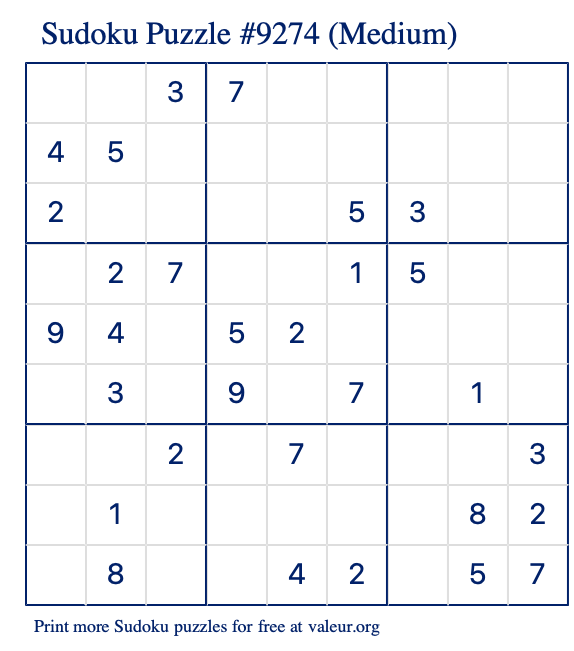 Free Printable Medium Sudoku Puzzle number 9274