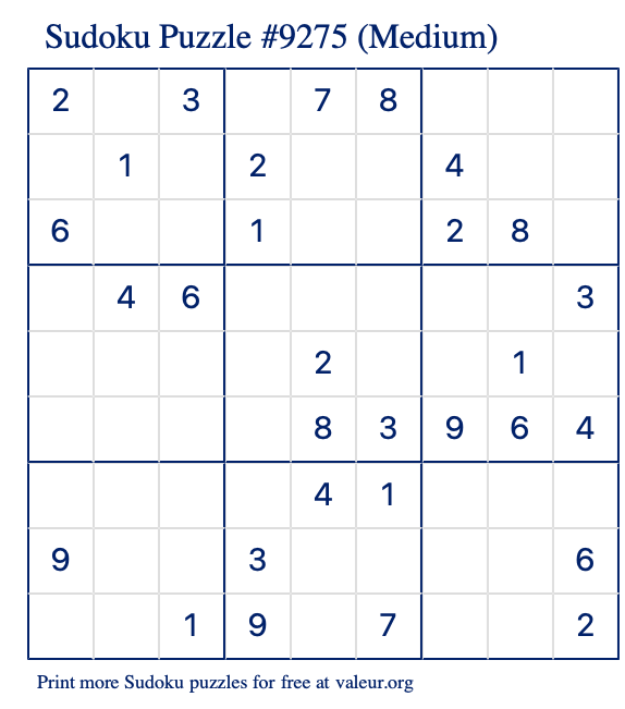 Free Printable Medium Sudoku Puzzle number 9275