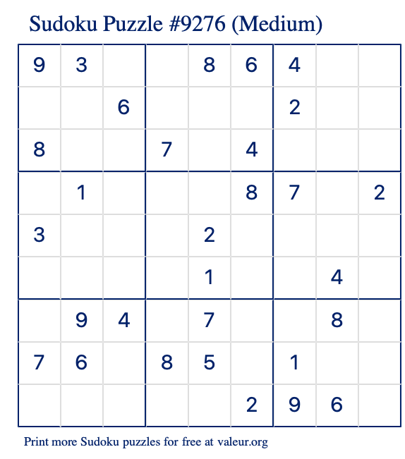 Free Printable Medium Sudoku Puzzle number 9276