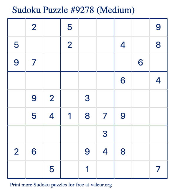 Free Printable Medium Sudoku Puzzle number 9278