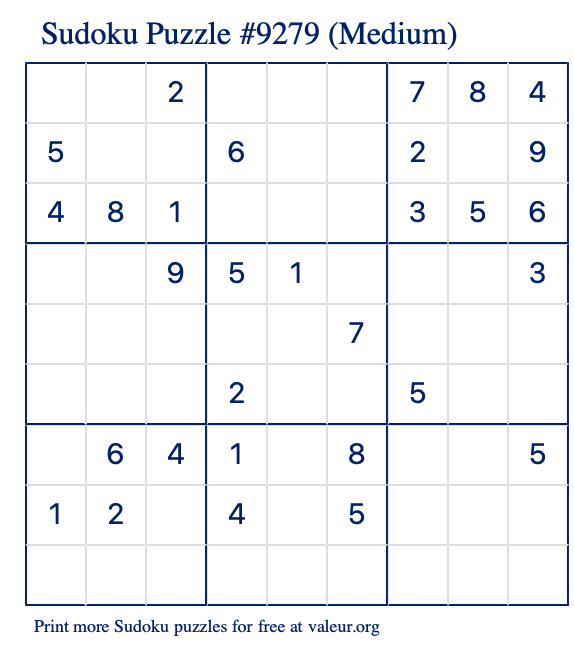 Free Printable Medium Sudoku Puzzle number 9279