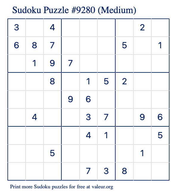 Free Printable Medium Sudoku Puzzle number 9280