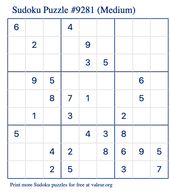 Free Printable Medium Sudoku Puzzle number 9281