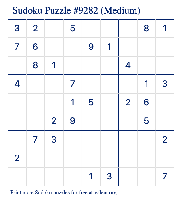 Free Printable Medium Sudoku Puzzle number 9282
