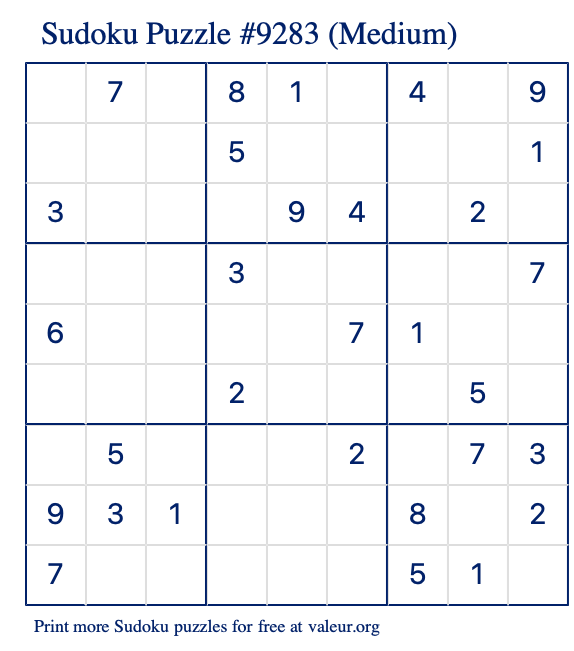 Free Printable Medium Sudoku Puzzle number 9283
