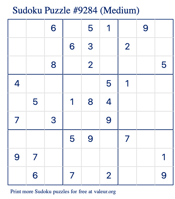 Free Printable Medium Sudoku Puzzle number 9284