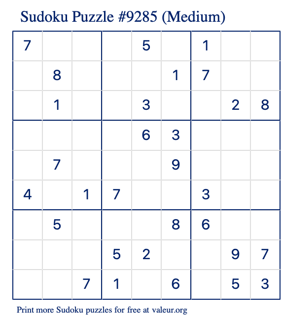 Free Printable Medium Sudoku Puzzle number 9285