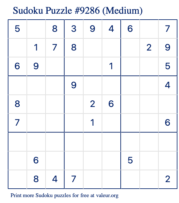 Free Printable Medium Sudoku Puzzle number 9286