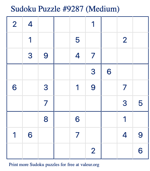 Free Printable Medium Sudoku Puzzle number 9287