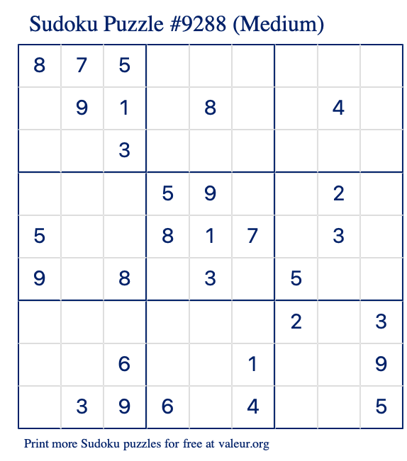 Free Printable Medium Sudoku Puzzle number 9288