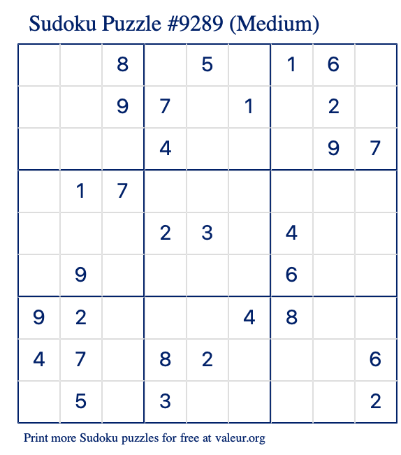 Free Printable Medium Sudoku Puzzle number 9289