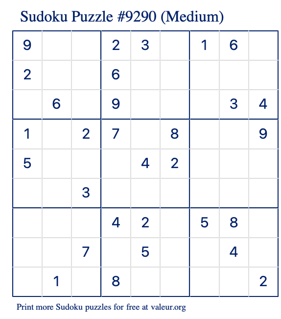 Free Printable Medium Sudoku Puzzle number 9290