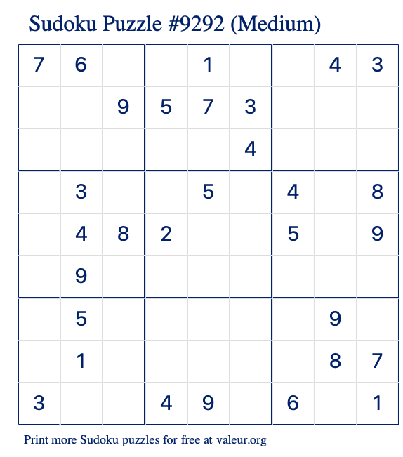 Free Printable Medium Sudoku Puzzle number 9292