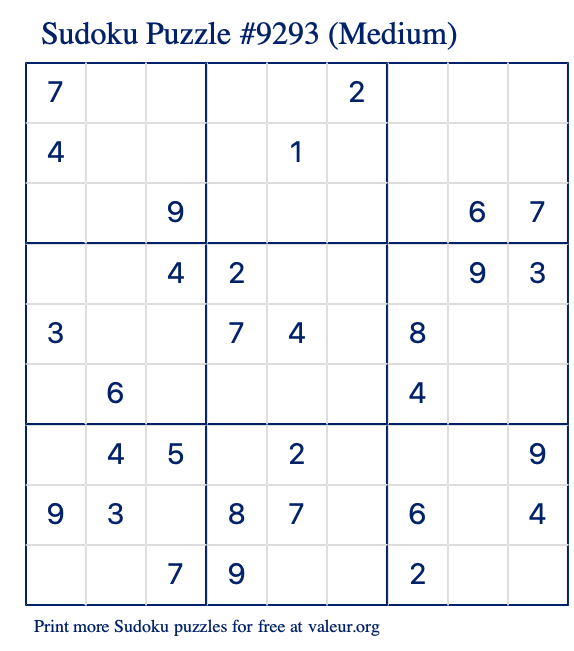 Free Printable Medium Sudoku Puzzle number 9293