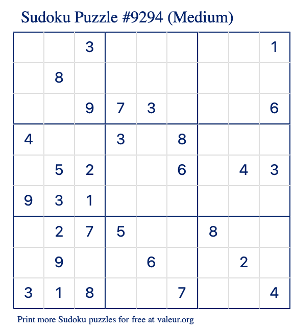 Free Printable Medium Sudoku Puzzle number 9294