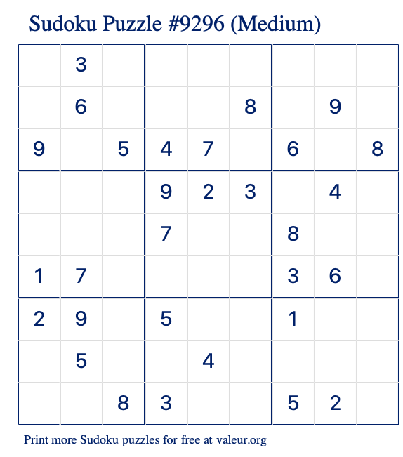 Free Printable Medium Sudoku Puzzle number 9296
