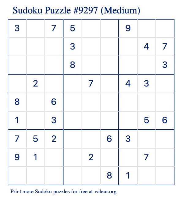 Free Printable Medium Sudoku Puzzle number 9297