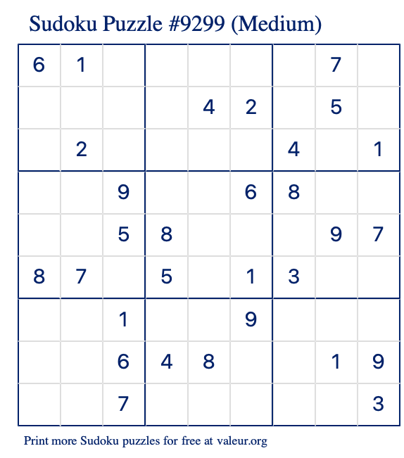 Free Printable Medium Sudoku Puzzle number 9299
