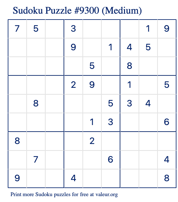 Free Printable Medium Sudoku Puzzle number 9300