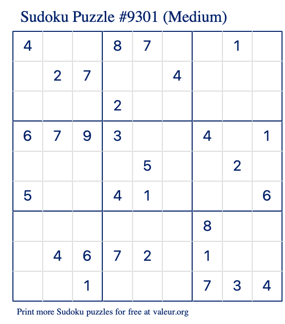 Free Printable Medium Sudoku Puzzle number 9301