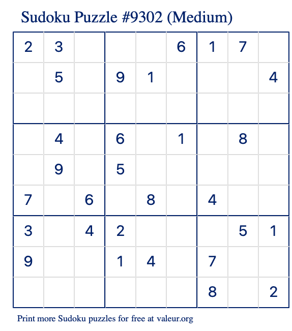 Free Printable Medium Sudoku Puzzle number 9302