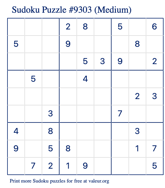 Free Printable Medium Sudoku Puzzle number 9303