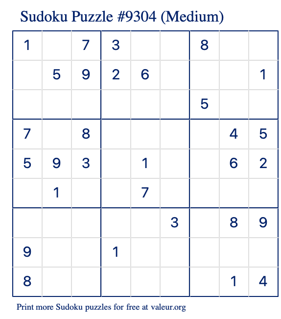 Free Printable Medium Sudoku Puzzle number 9304