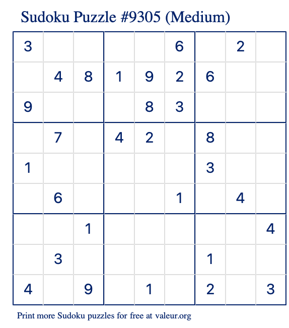 Free Printable Medium Sudoku Puzzle number 9305