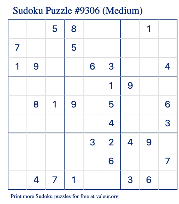 Free Printable Medium Sudoku Puzzle number 9306