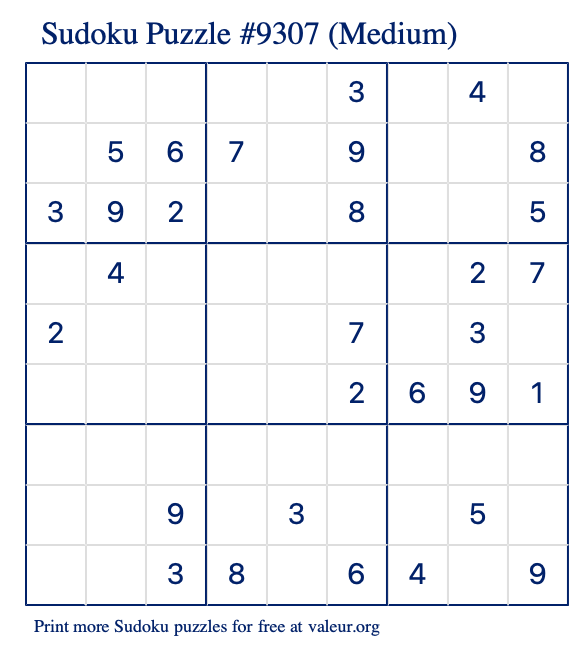 Free Printable Medium Sudoku Puzzle number 9307